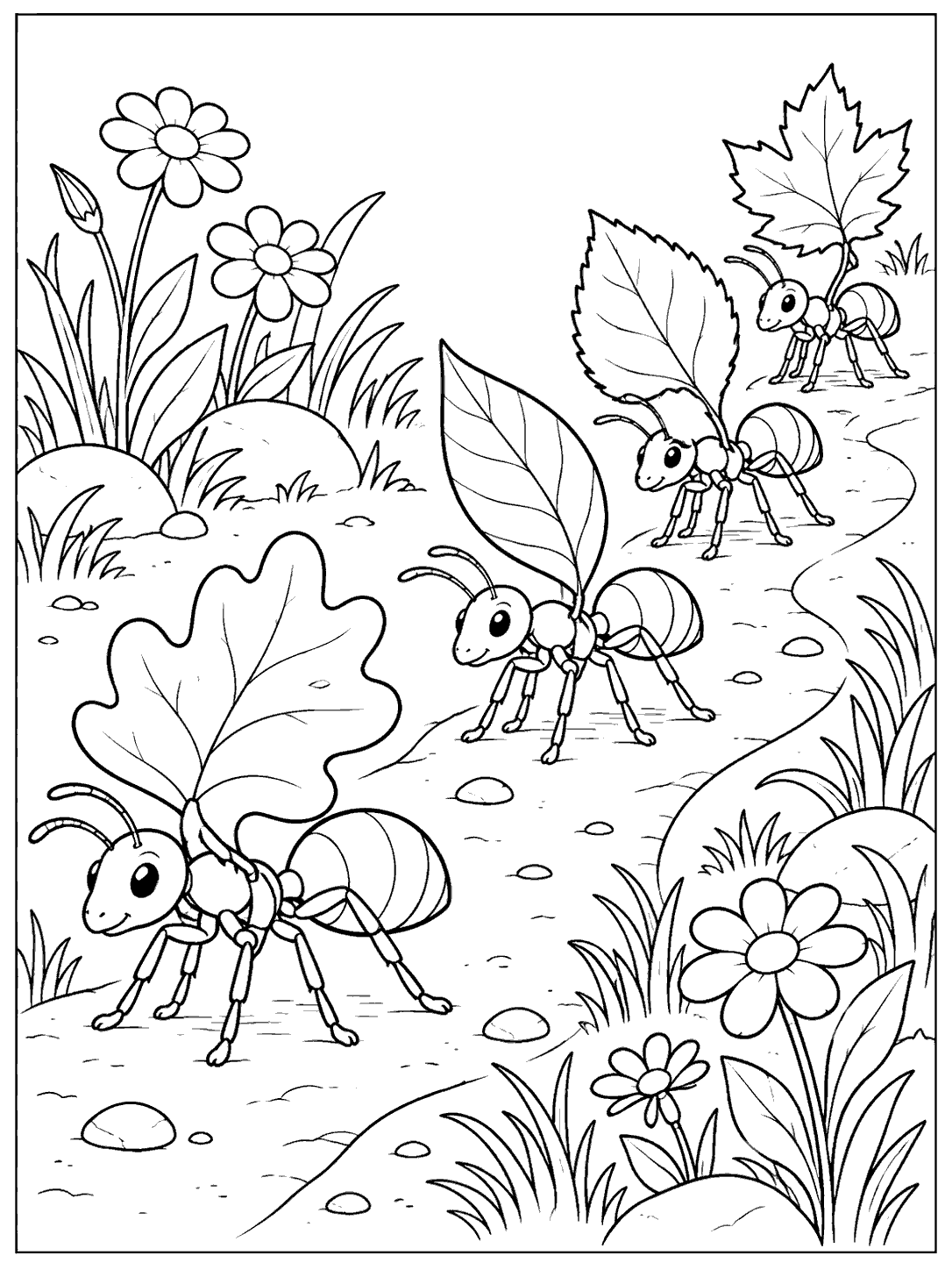 Four ants with distinct leaf shapes walking along a garden path among flowers and grass