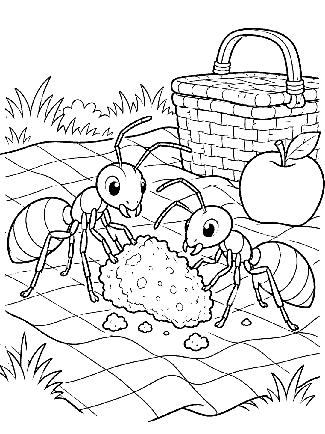 Two friendly ants with clearly segmented bodies and six legs inspect a large crumb on a checkered blanket beside a picnic basket and apple.