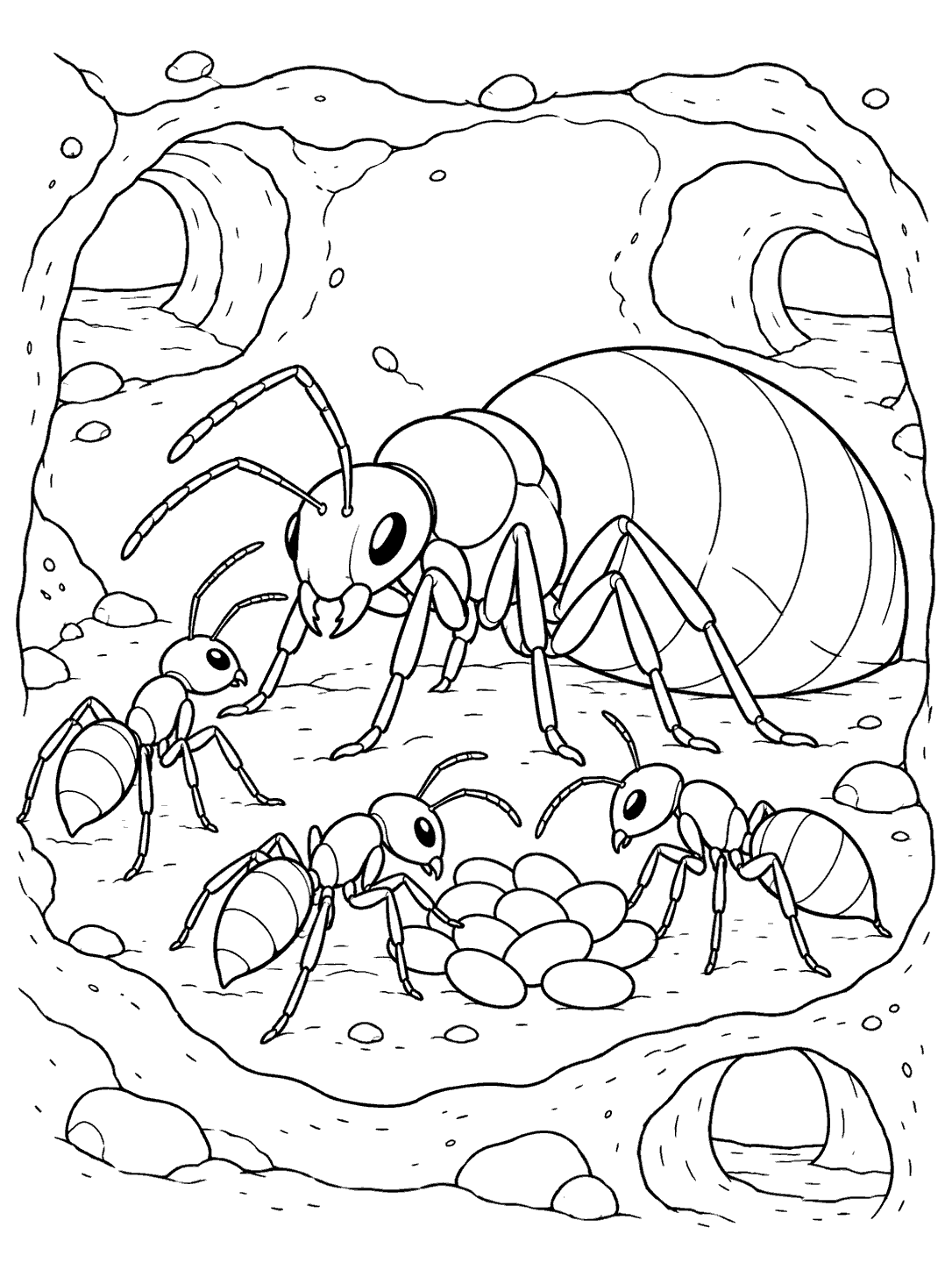 Large queen ant and three worker ants gathered around eggs in an underground chamber with tunnel openings.