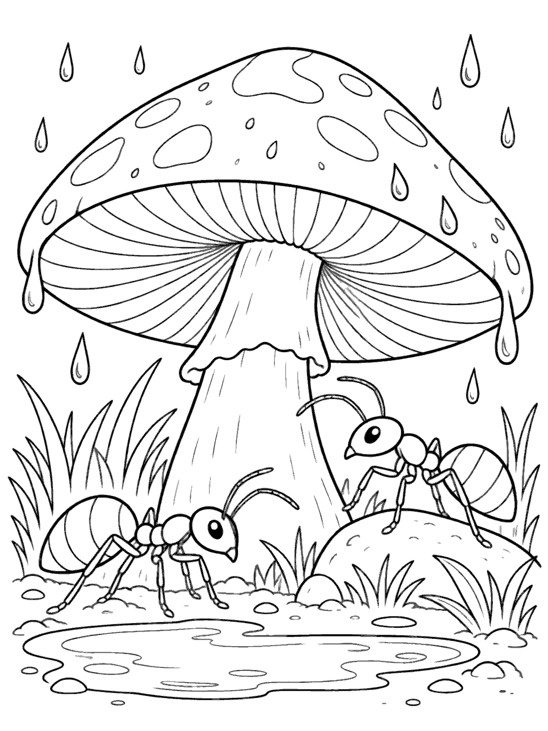 Two six-legged ants beneath a spotted mushroom amid raindrops, grass, and a puddle.