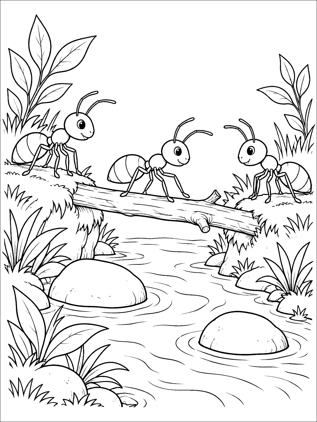 Three six-legged ants, with antennae, crossing a fallen twig bridge over a stream bordered by plants and two smooth stones.