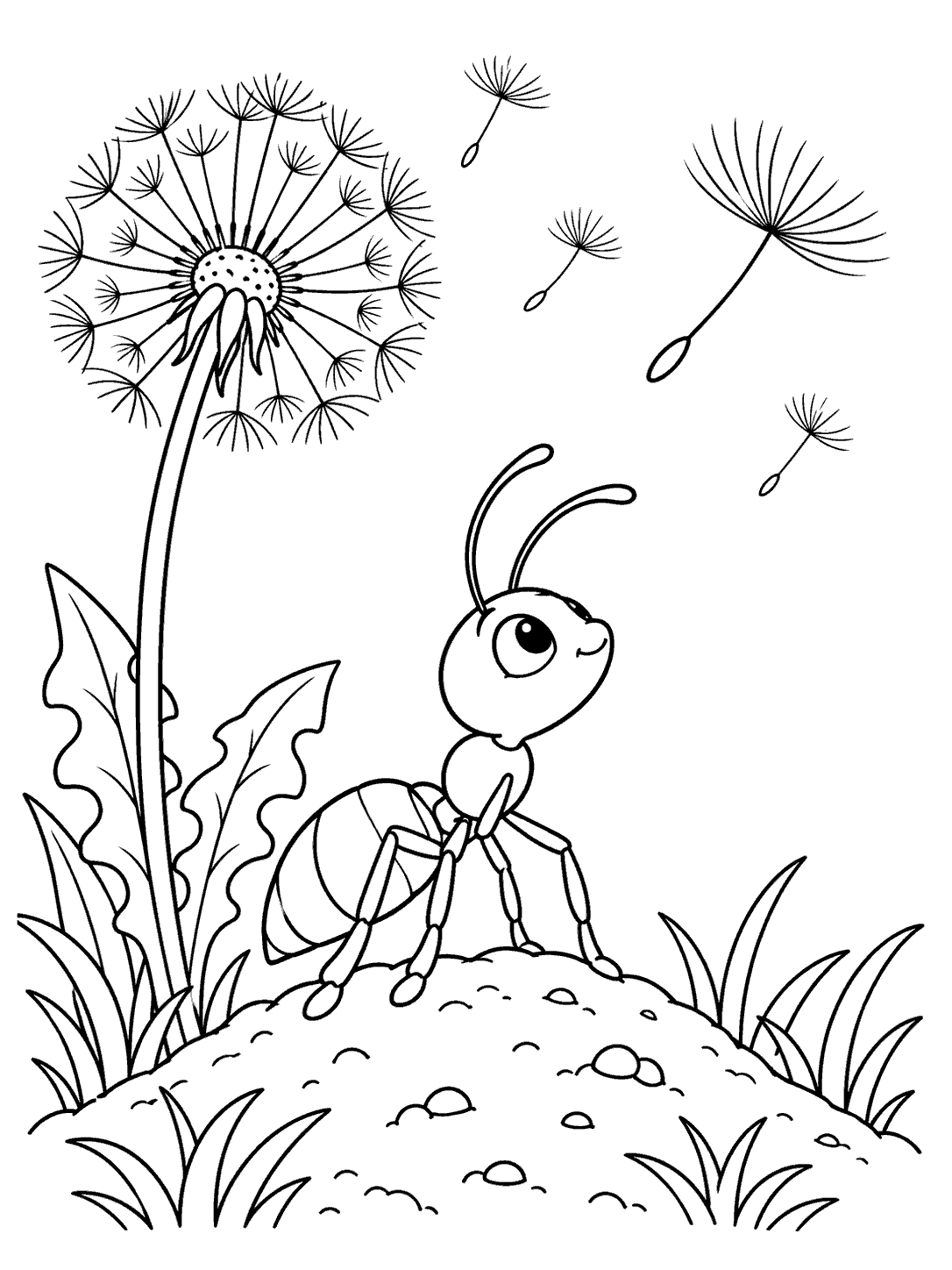 A six-legged ant standing on a garden mound and looking toward drifting dandelion seeds beside a large dandelion.