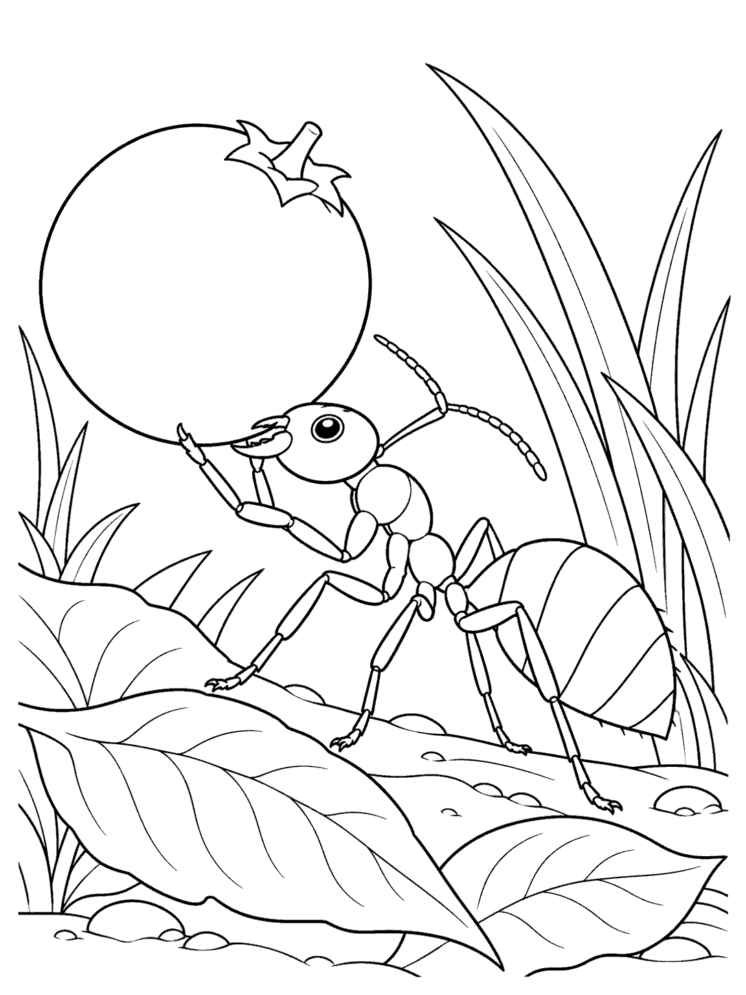 Black-and-white coloring page showing a profile ant carrying a round berry through leaves and grass.