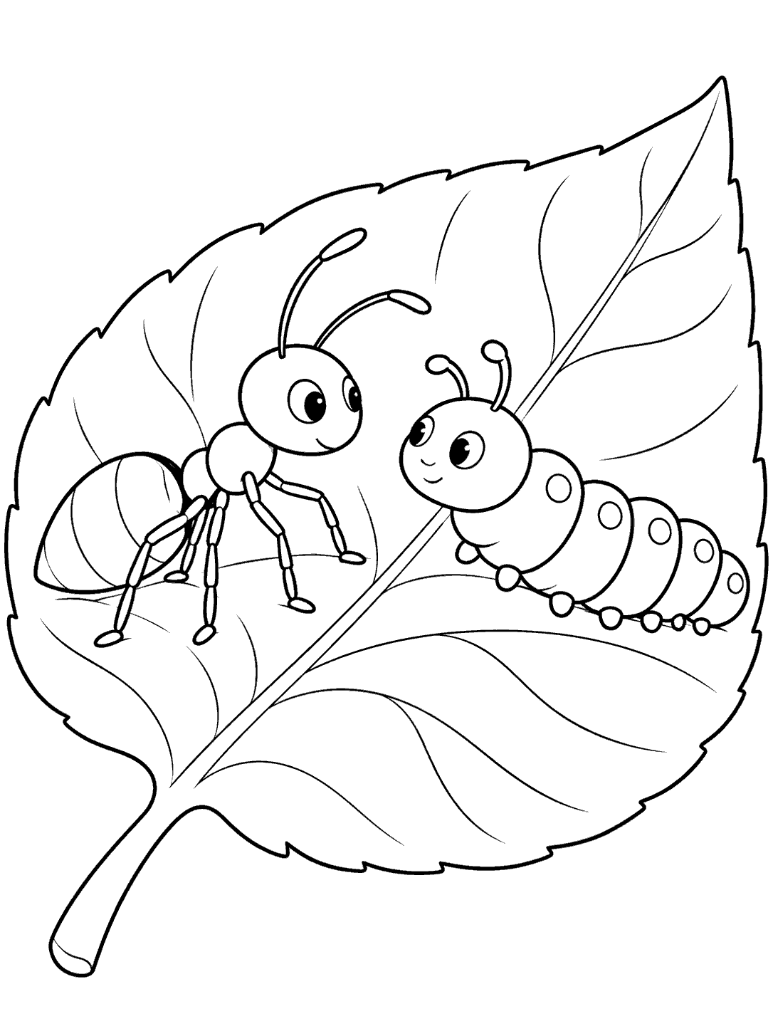 A six-legged ant and a spotted caterpillar meeting on a veined leaf.