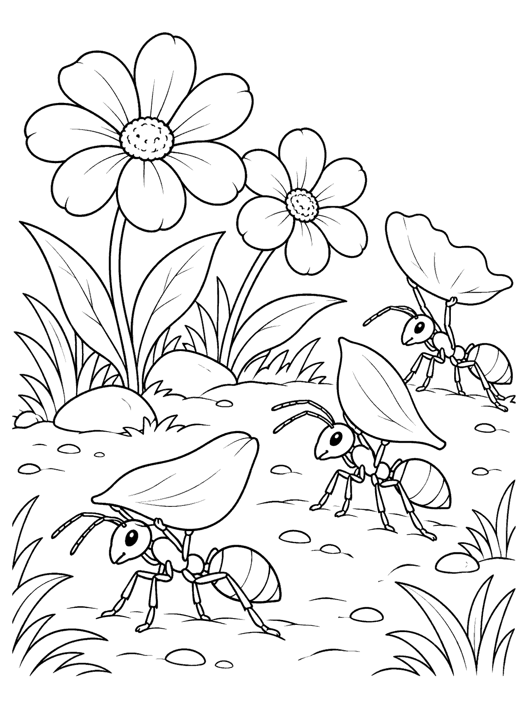Three six-legged ants carrying large flower petals beside two garden flowers, drawn in black outlines on white.