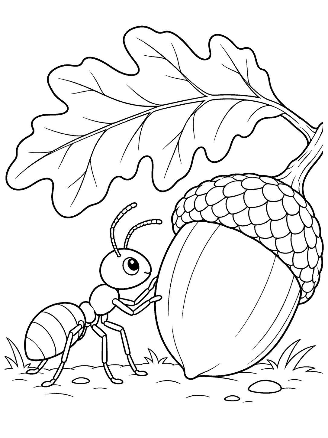 A six-legged ant with antennae examining a large acorn beneath an oak leaf, with a few ground marks.