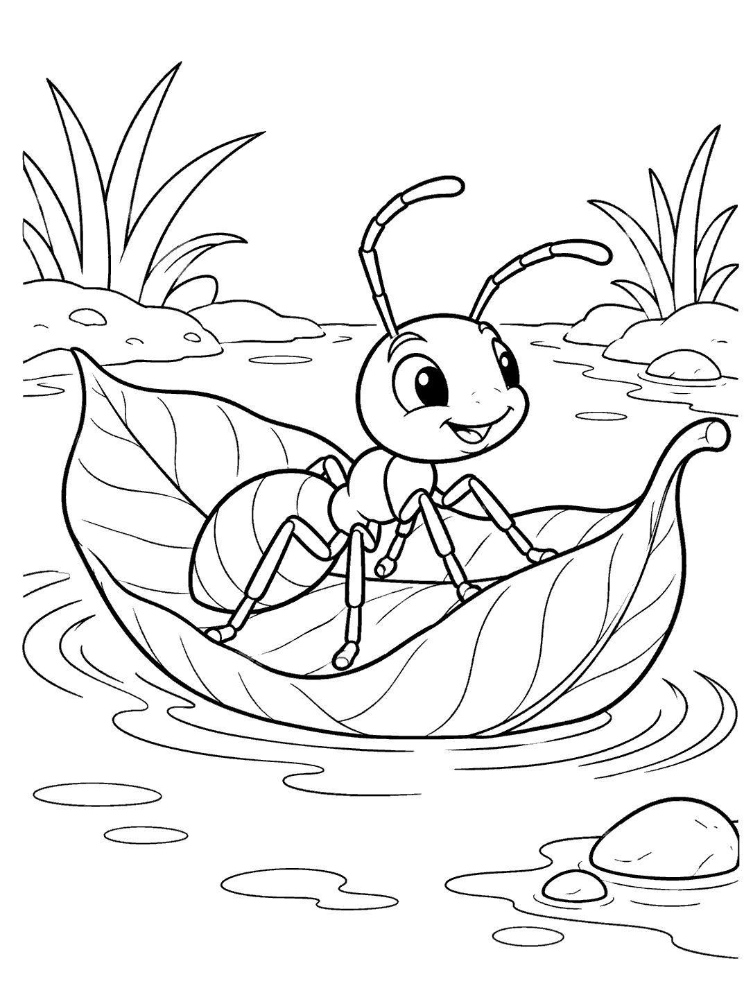 A smiling six-legged ant sits in a curled leaf floating on a puddle, with ripples and a pebble nearby.