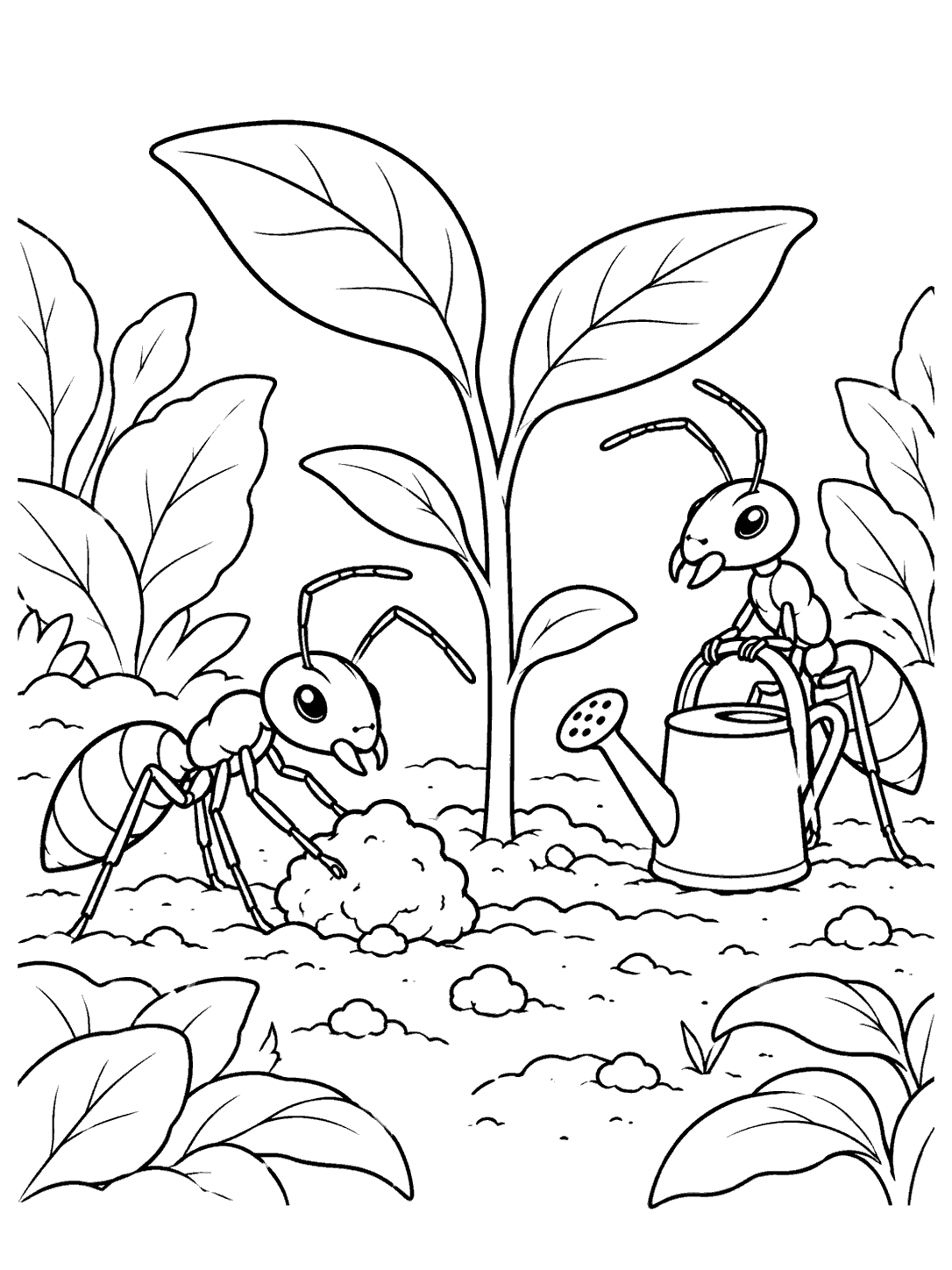 Two outlined ants beside a central seedling, garden soil clumps, broad leaves, and a small watering can.