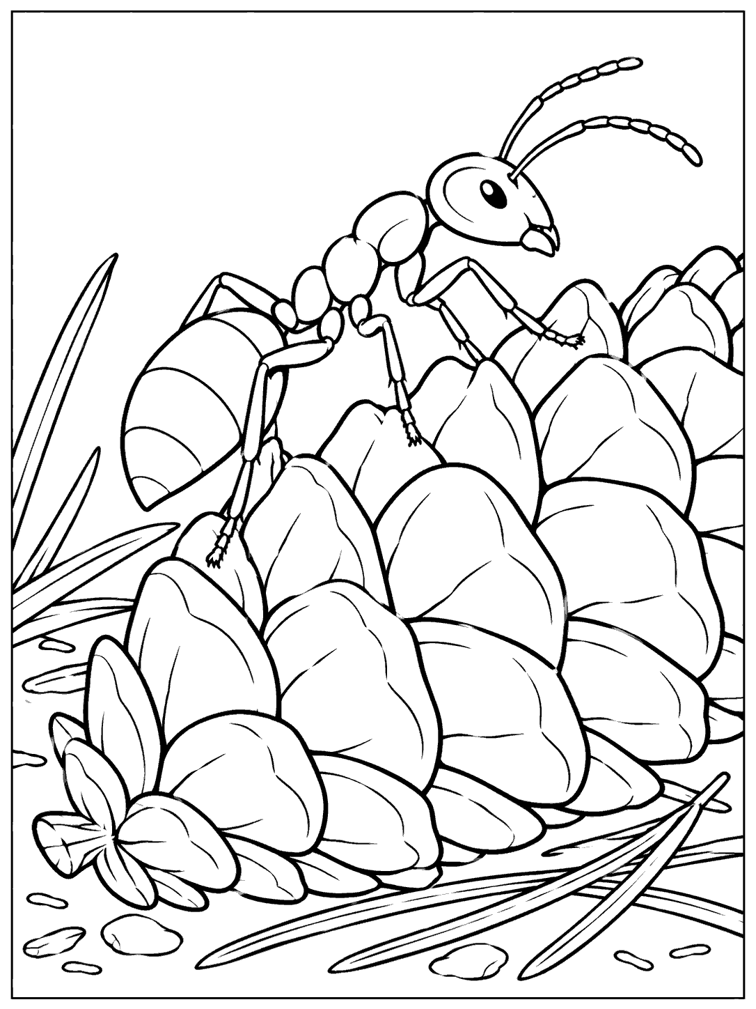 Profile view of an ant climbing across a large pinecone, surrounded by a few pine needles.