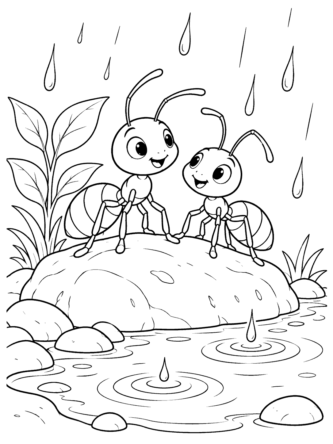 Two smiling, segmented ants with antennae and six legs stand on a broad pebble beside a rippling puddle, with raindrops and small plants nearby.