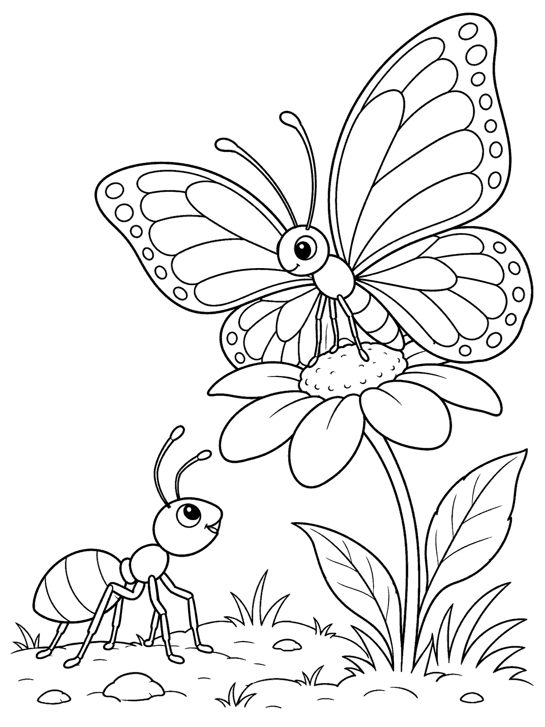 Ant looking up at a butterfly on a flower coloring page
