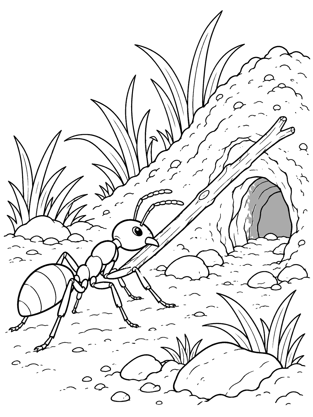 Ant carrying a twig toward a nest entrance