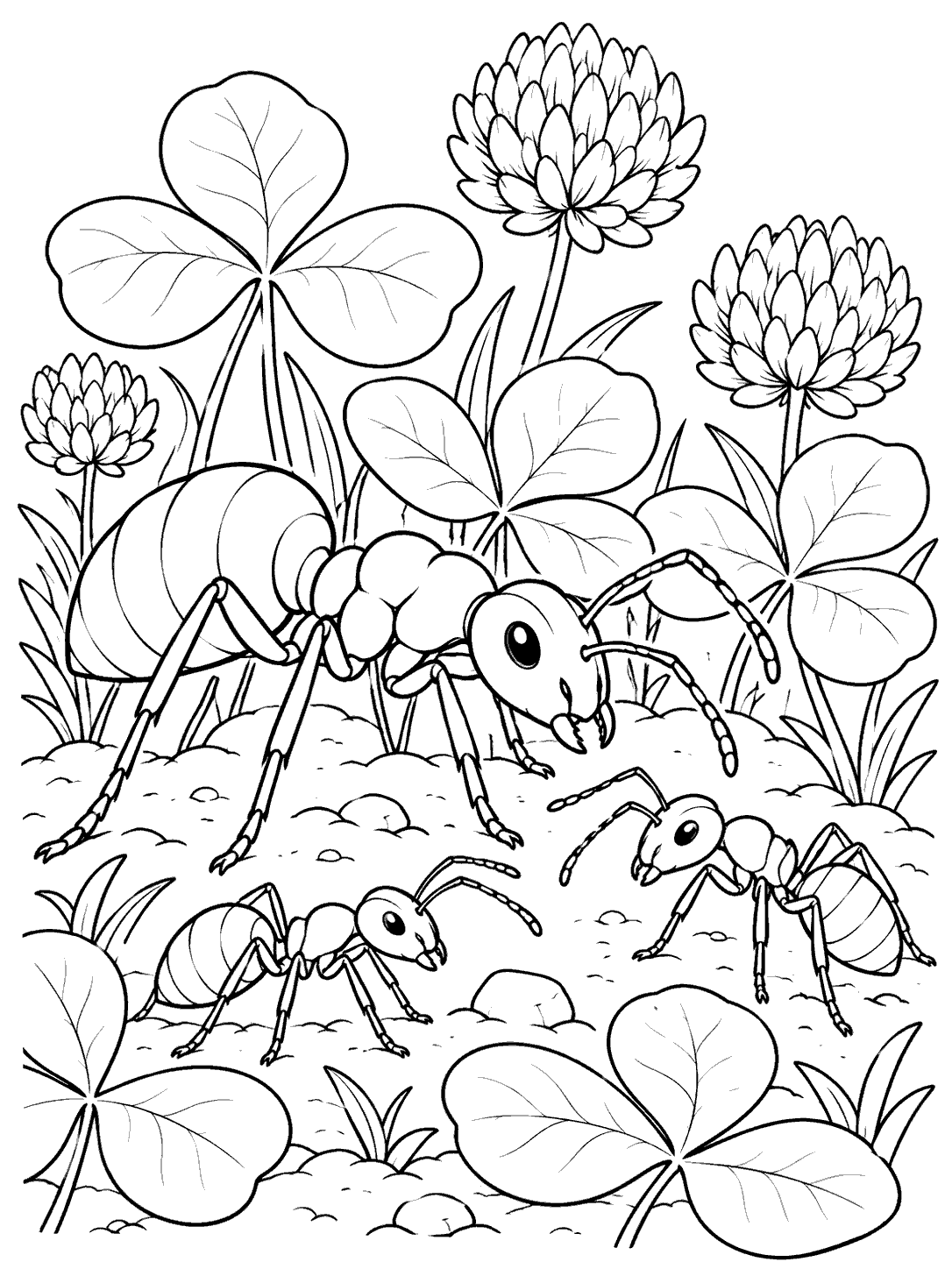 One large ant and two smaller ants among broad clover leaves and blossoms.