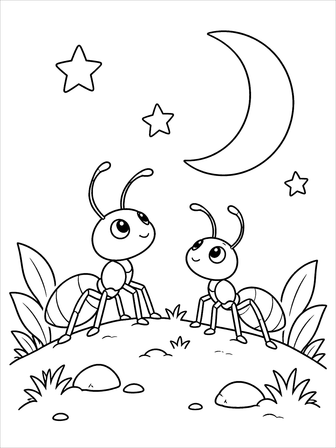 Two ants on a hill beneath a crescent moon and stars