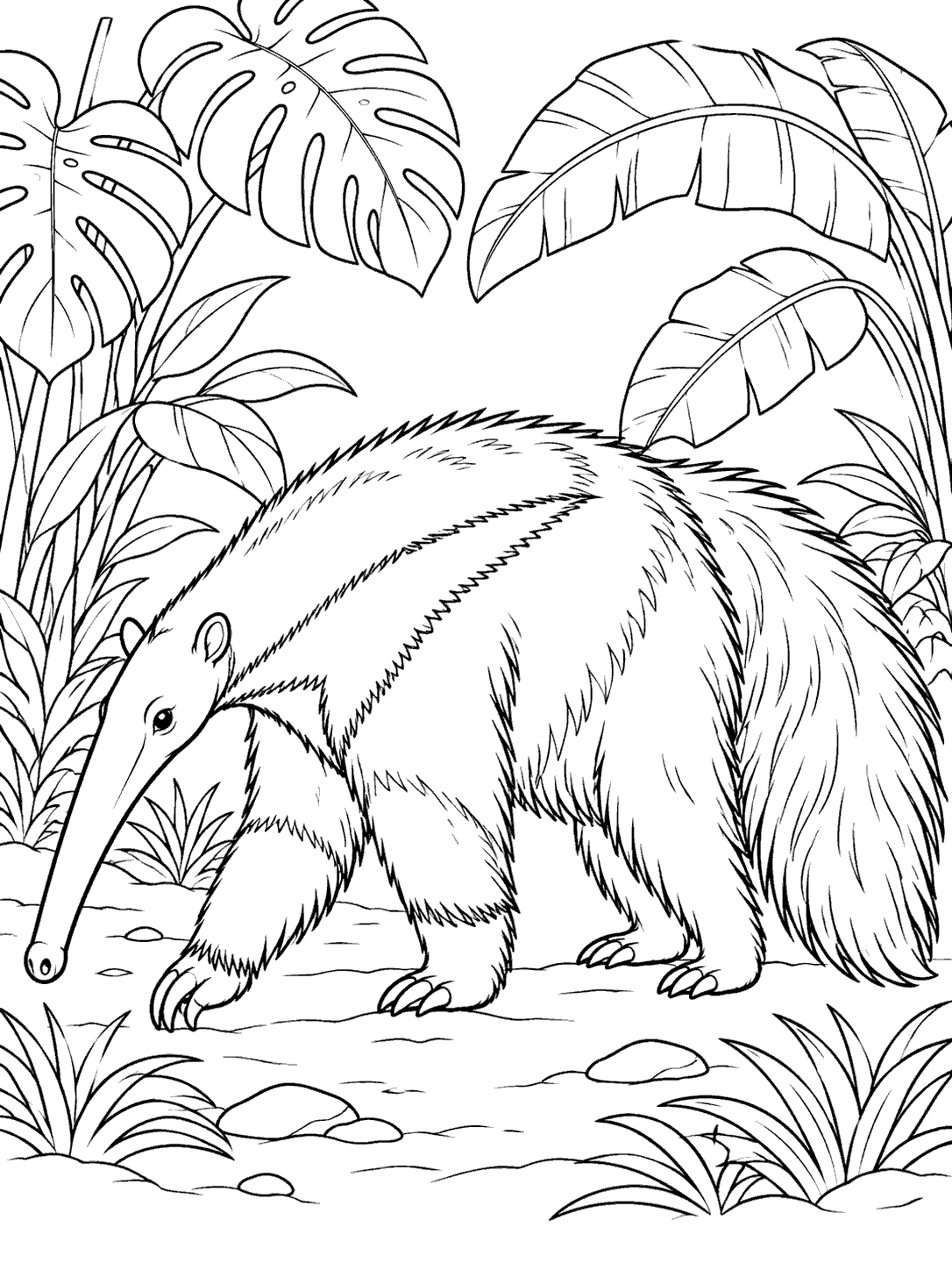 Black-outline coloring page of a giant anteater walking among tropical plants.