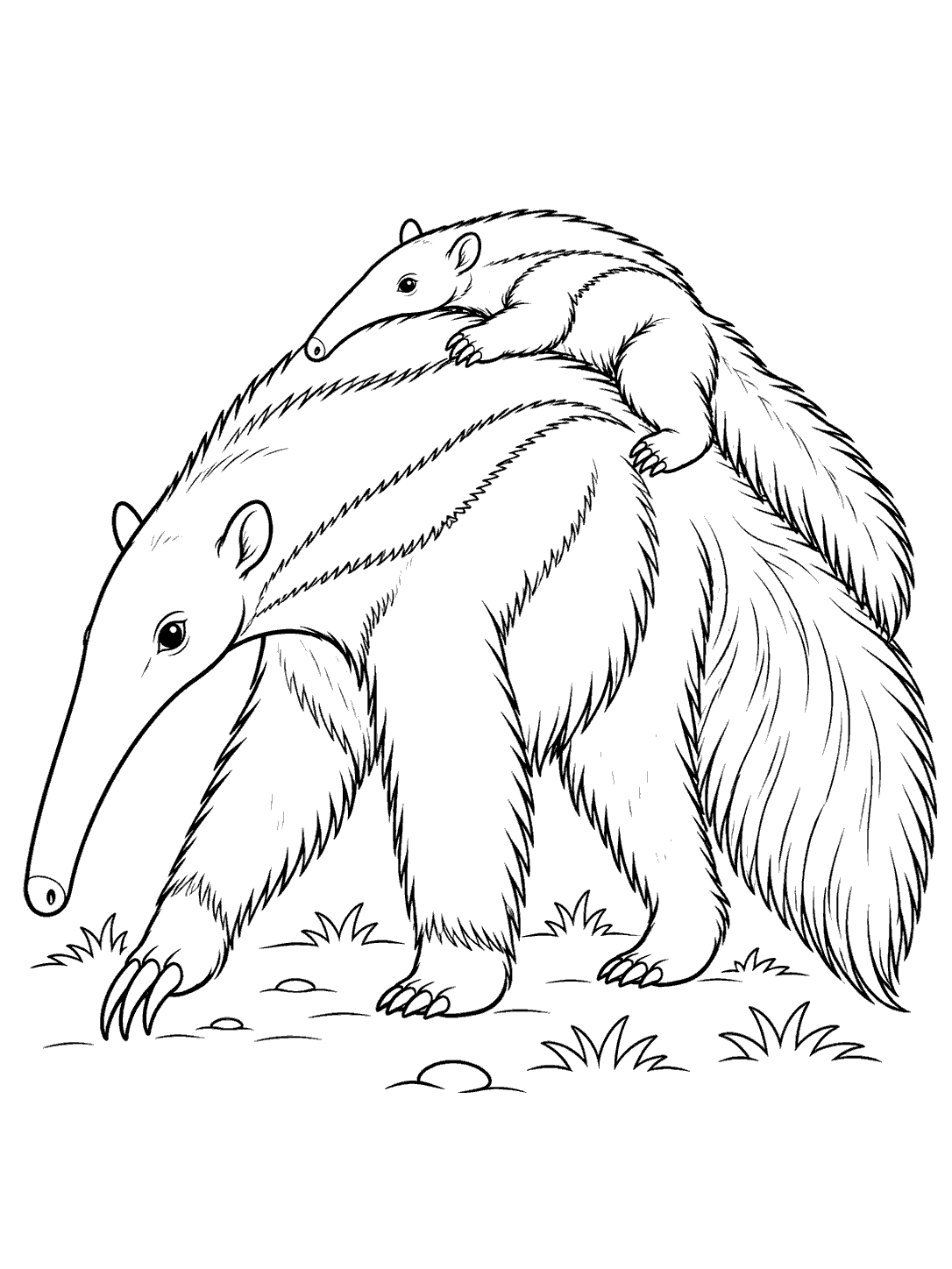 Baby anteater riding on its parent’s back coloring page