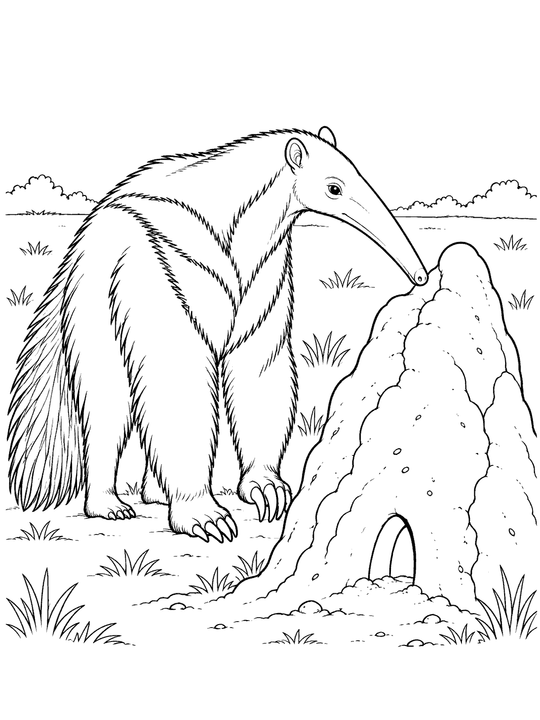 A long-snouted anteater stands beside a large, cracked termite mound with an entrance opening, surrounded by sparse grass.