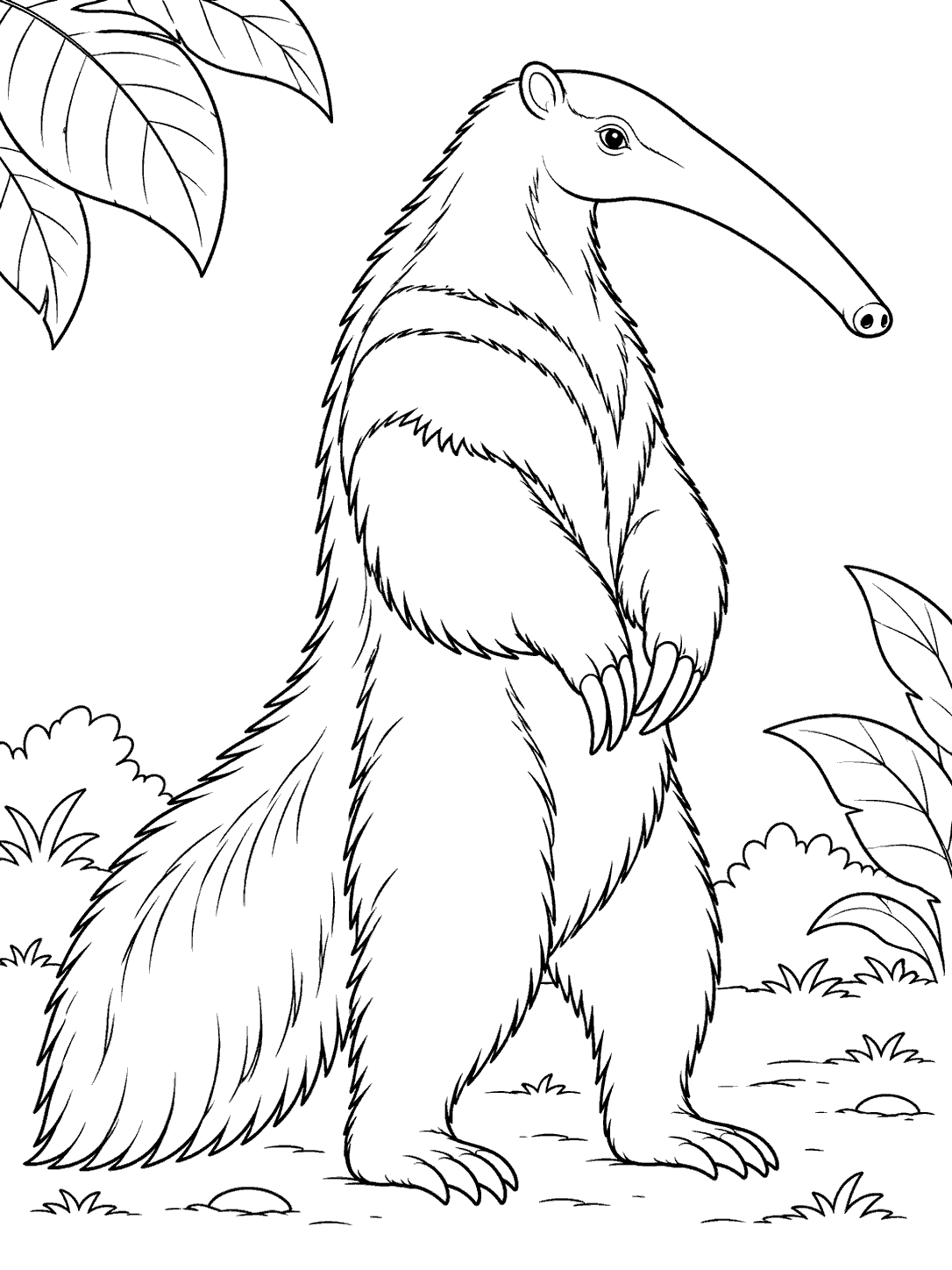Giant anteater standing upright in a forest clearing coloring page