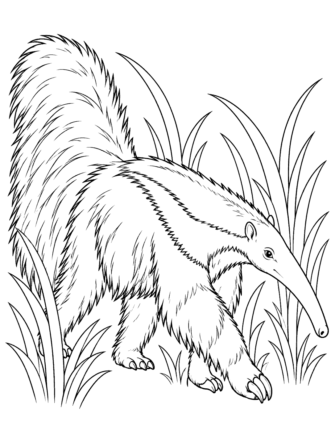 Giant anteater walking through tall grass coloring page