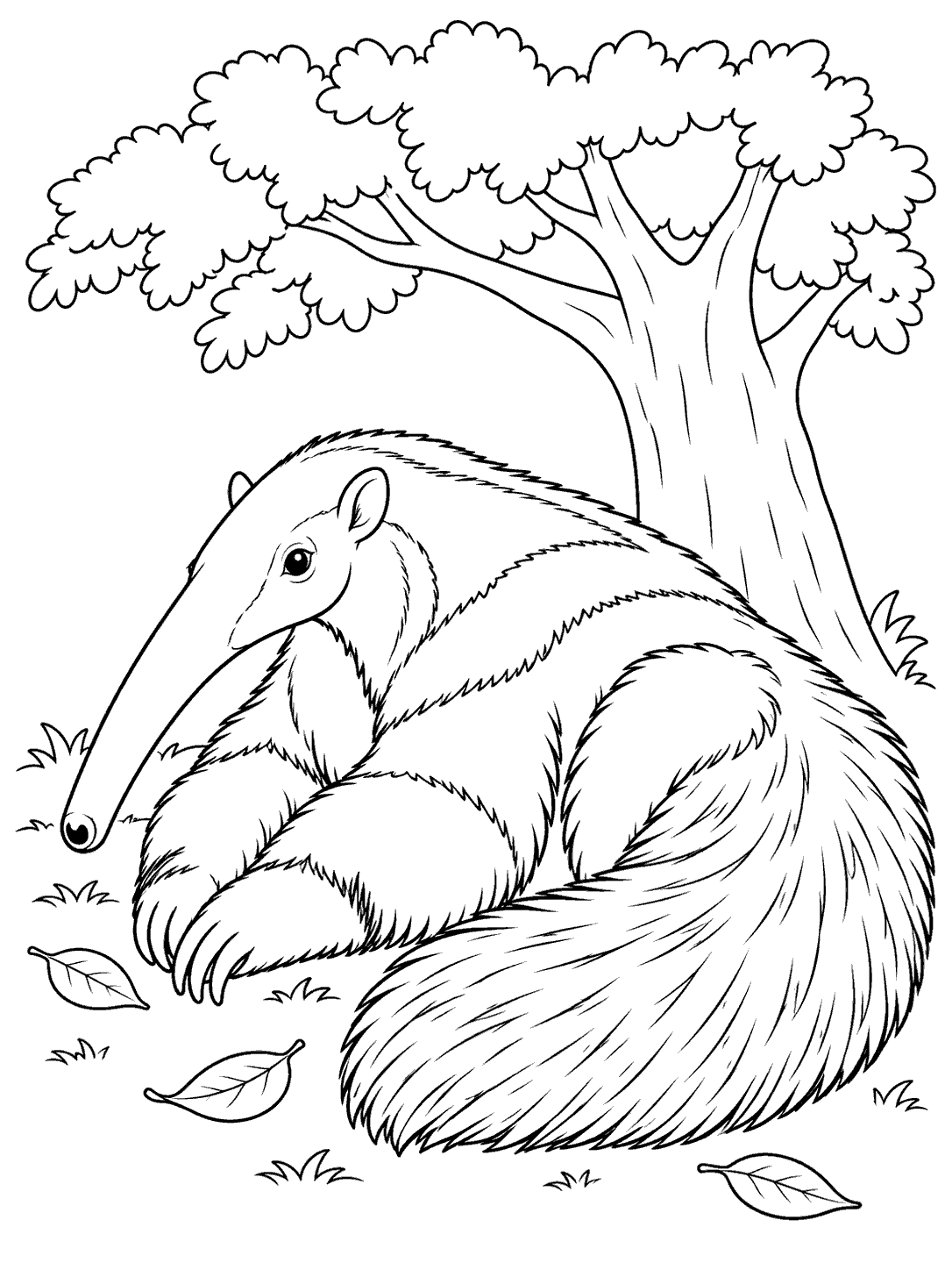 Giant anteater resting beneath a broad-canopy tree coloring page