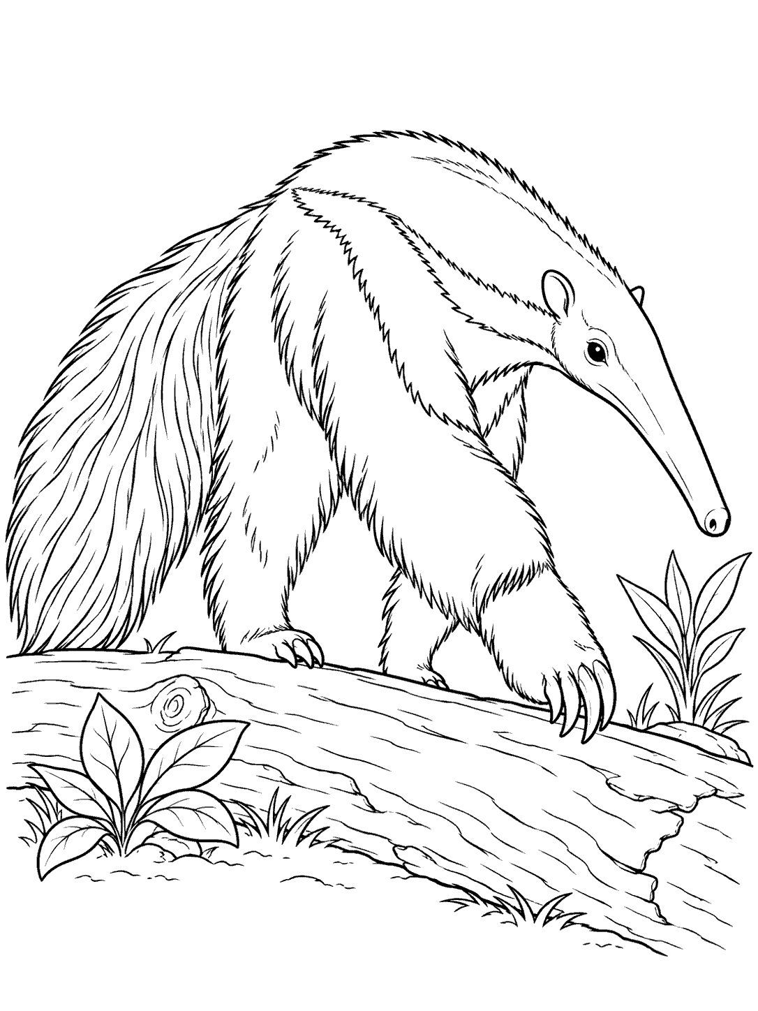 Black-outline coloring page showing a giant anteater with a long flowing tail stepping over a fallen log among small plants.