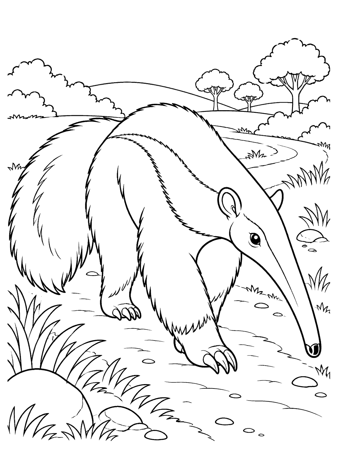 Line art of a large anteater walking along a winding path with distant rounded trees, ready to color.
