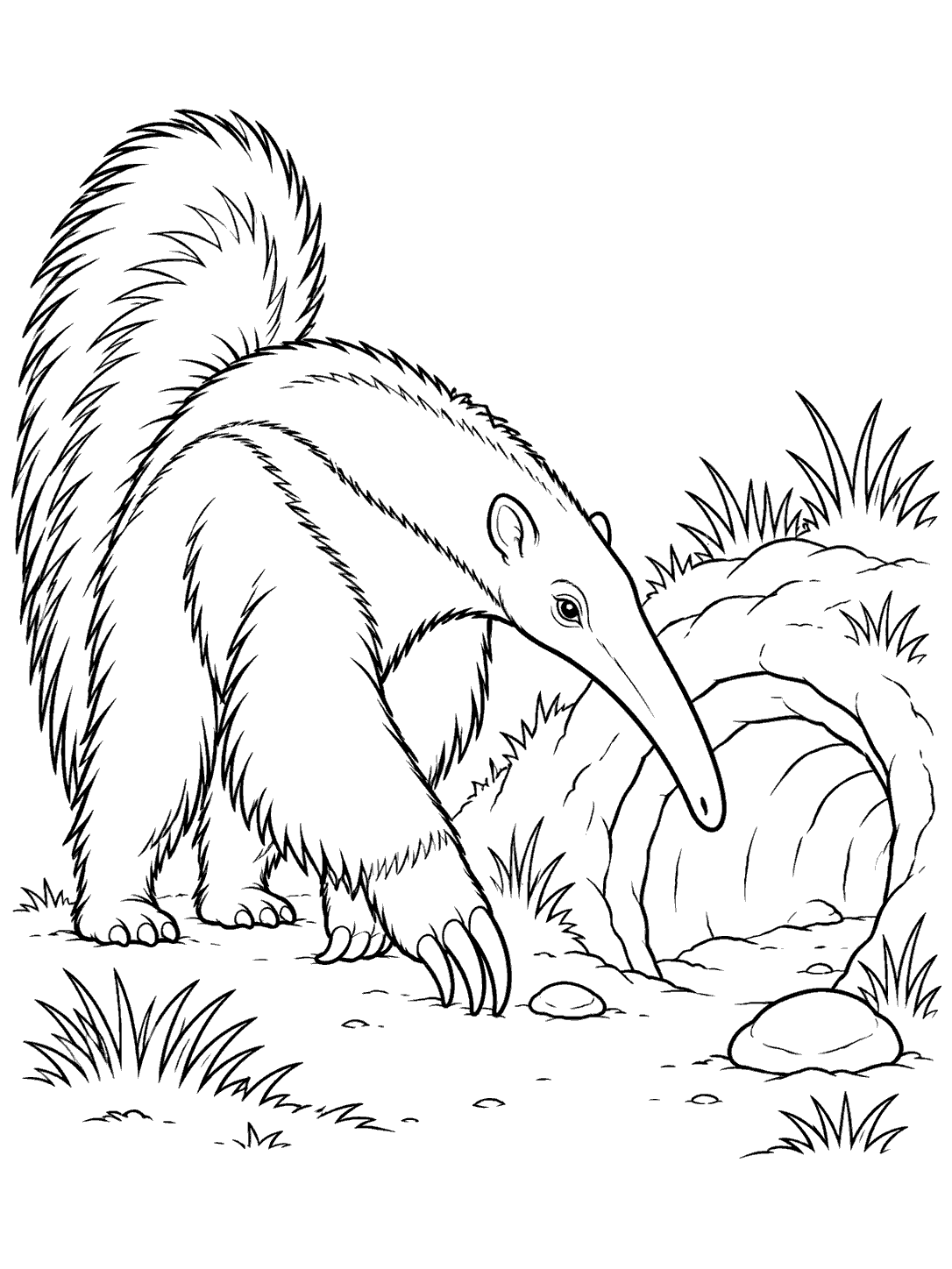 Anteater examining a burrow entrance coloring page