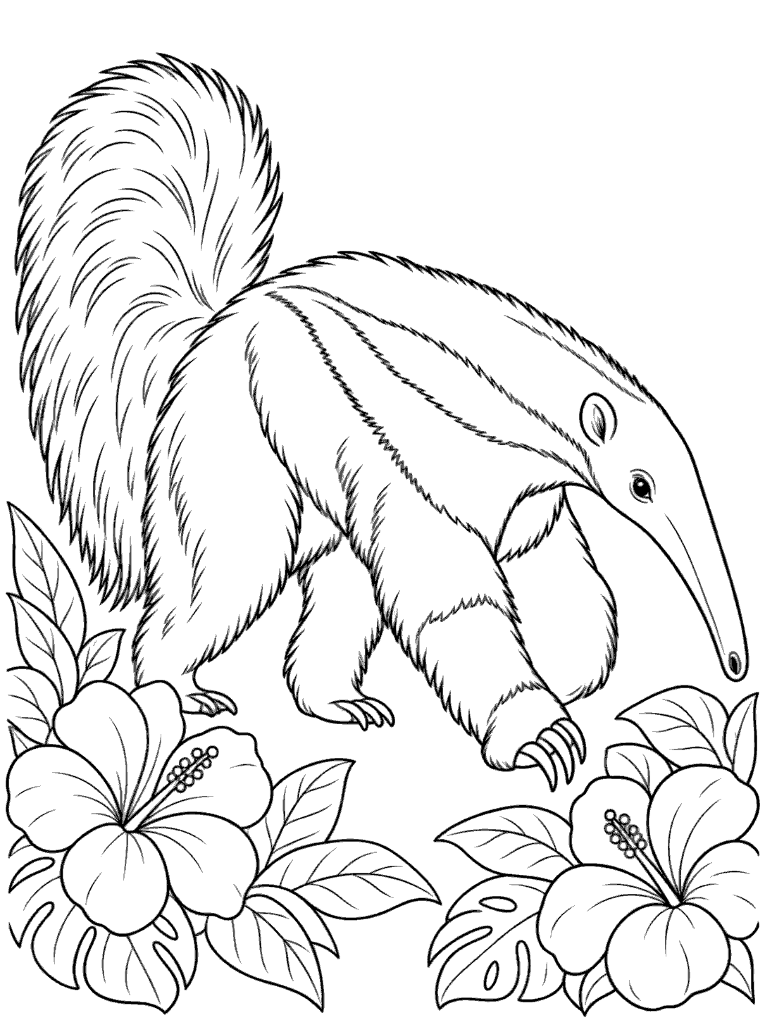 Giant anteater walking among broad tropical flowers on a coloring page