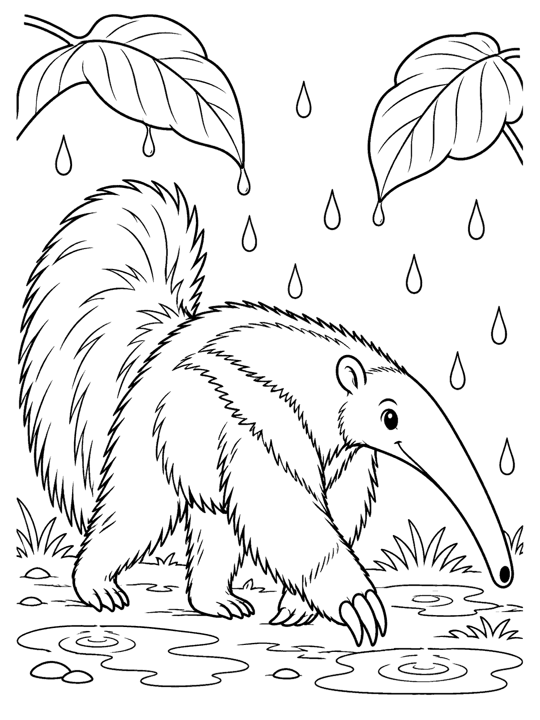 Black-outline coloring page of a long-snouted anteater walking through puddles beneath two large leaves and falling raindrops.