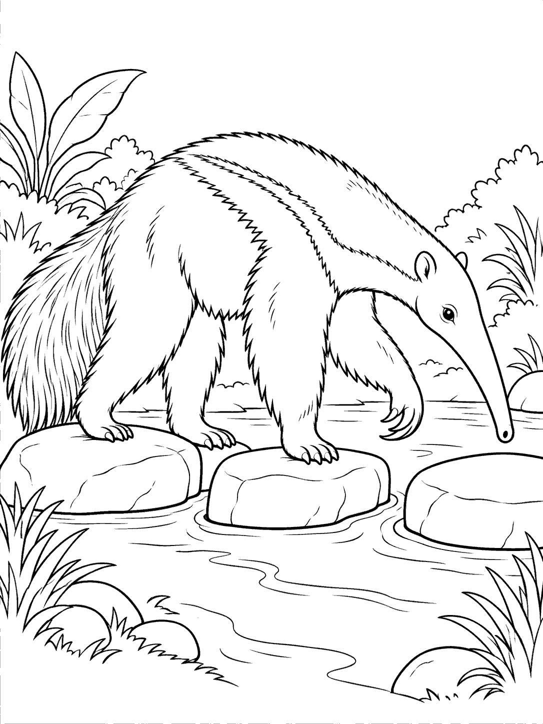 Giant anteater crossing three broad stepping stones in a stream coloring page