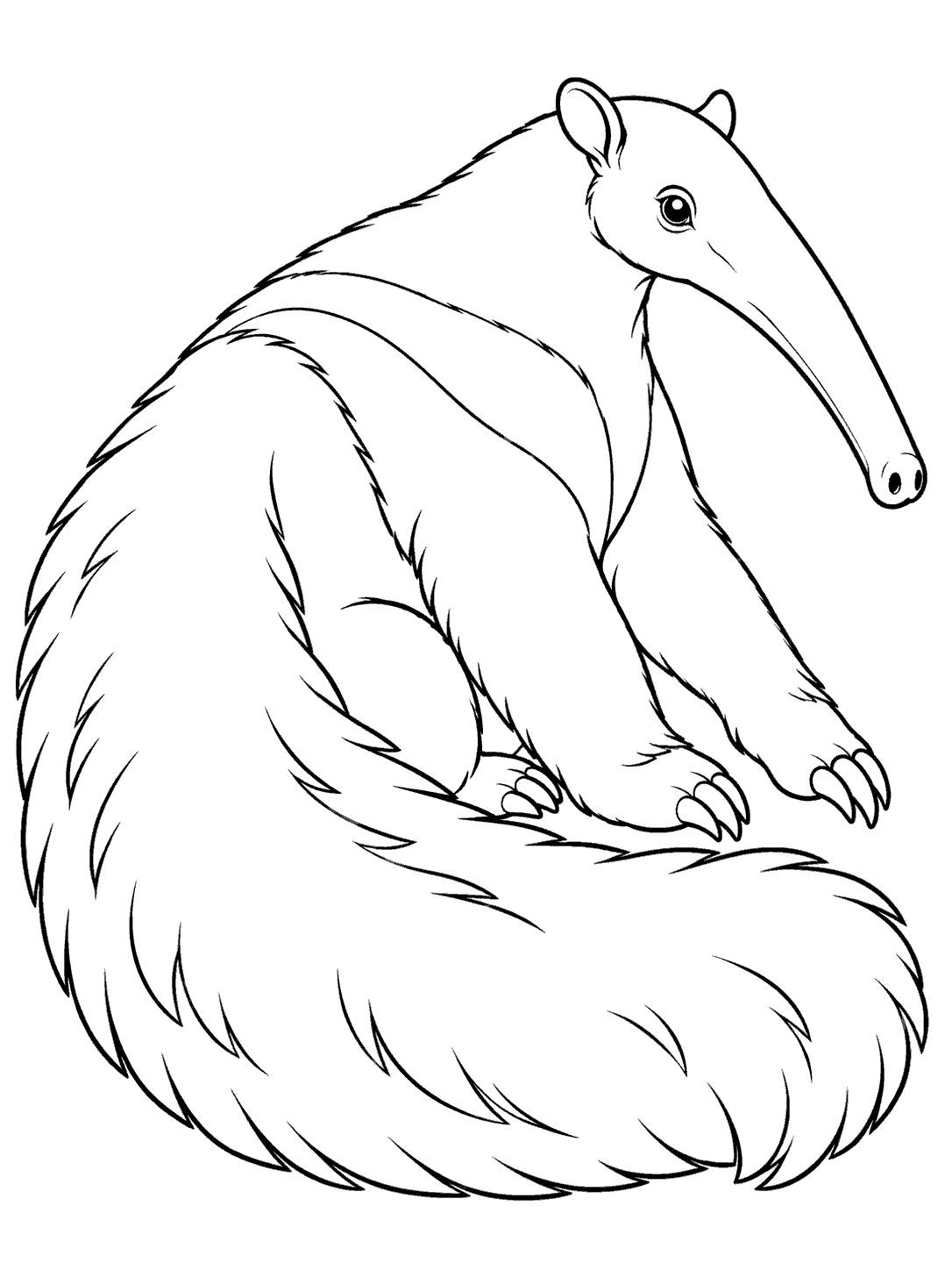 Black-and-white coloring page showing a seated giant anteater with a long snout and bushy tail curled around its body.