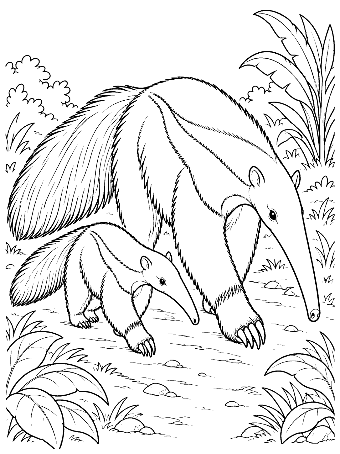 Adult and young anteater walking together on a leafy trail coloring page