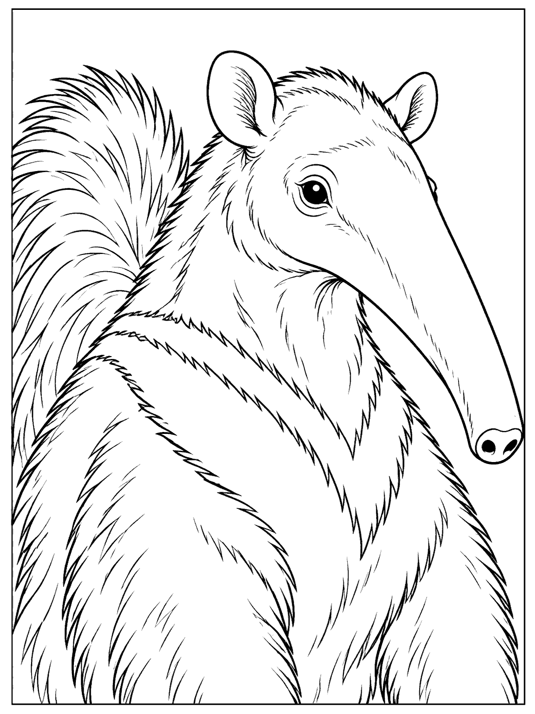 Black-and-white coloring page of a giant anteater shown chest-up, with its long tapered snout and bushy tail.