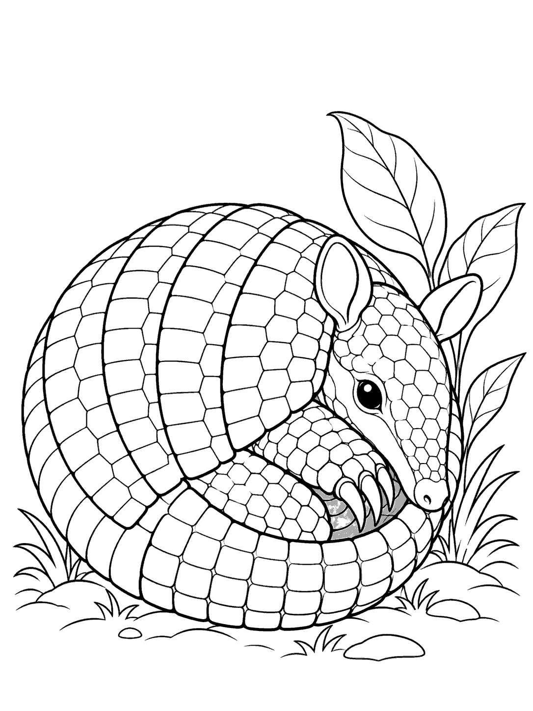 Armadillo curled into a ball beside leafy plants