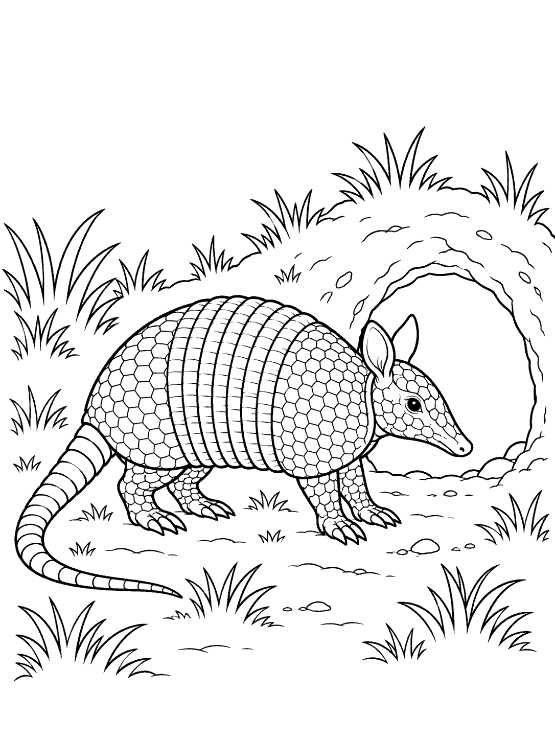 Side-view armadillo with a long tail and banded armor beside a burrow in a grassy mound.