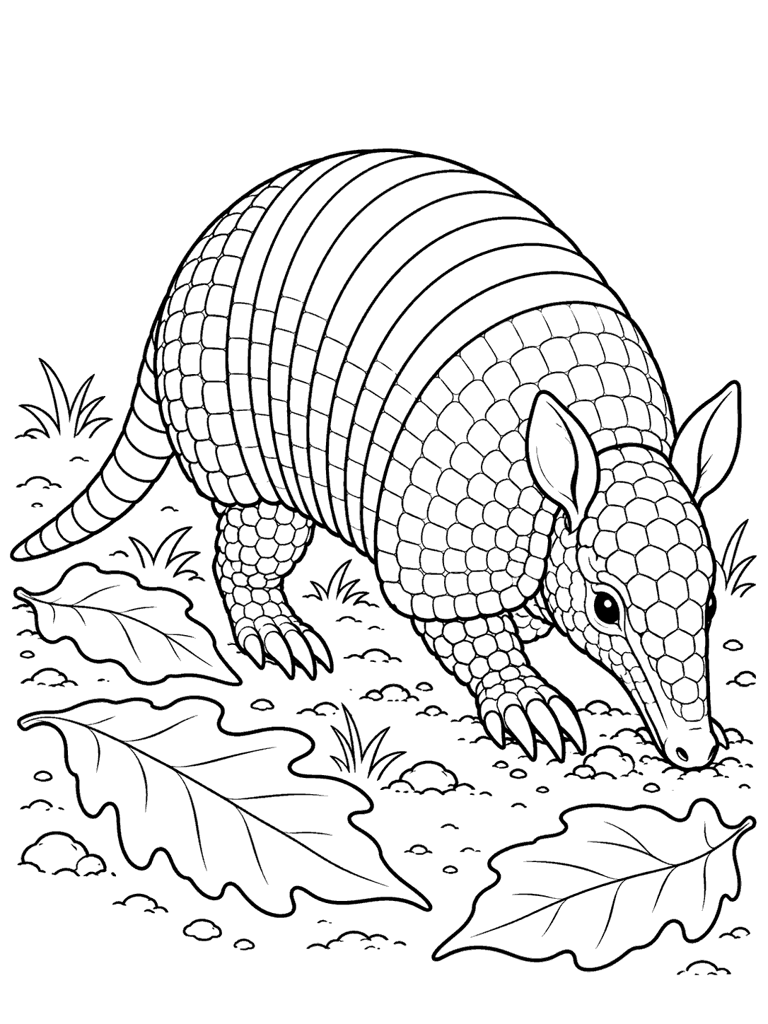 A forward-leaning armadillo with clear armor bands and a pointed snout forages among fallen leaves and small soil marks.