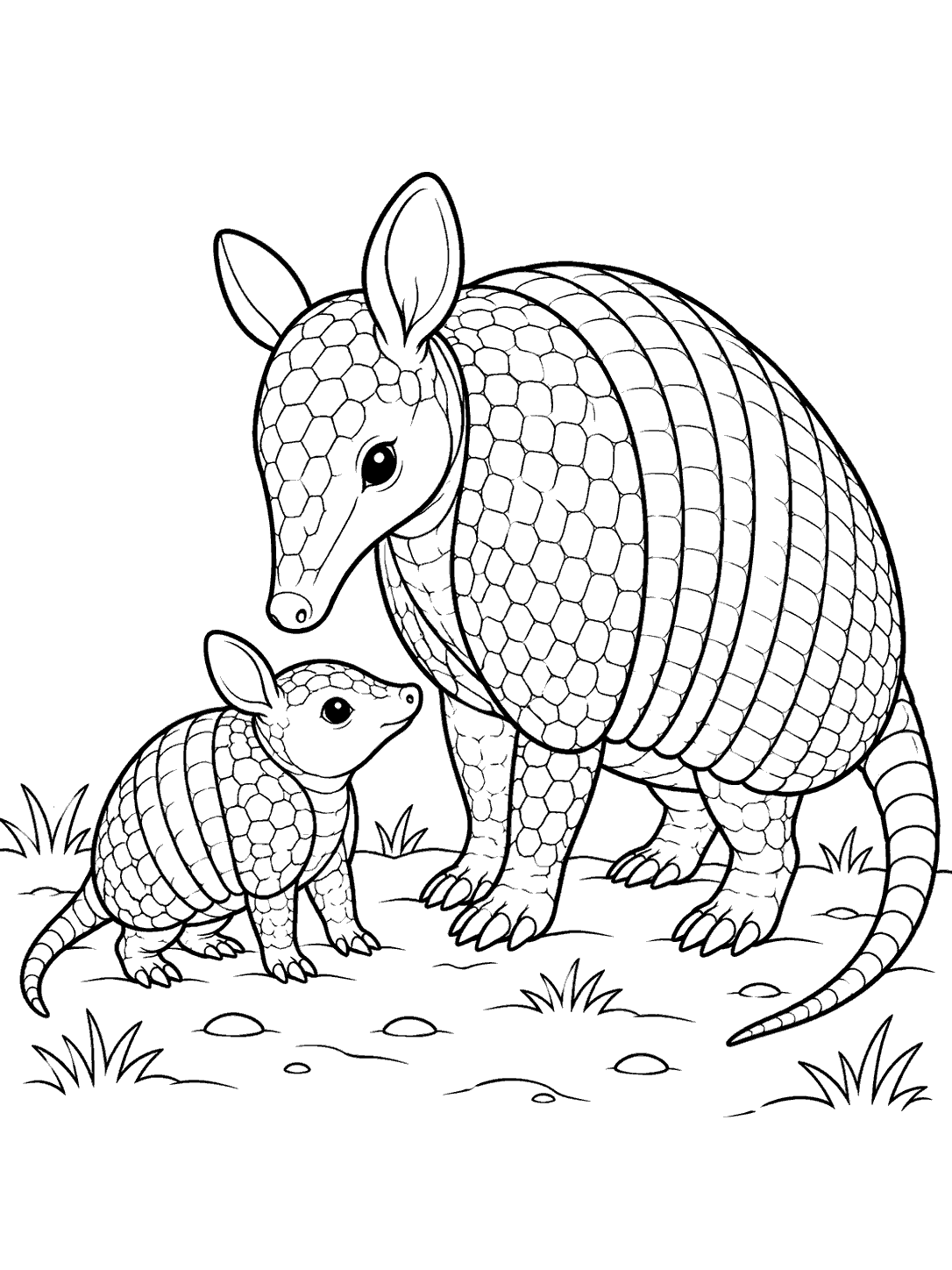 Baby armadillo beside a larger adult, both with curved armor bands and long tails.