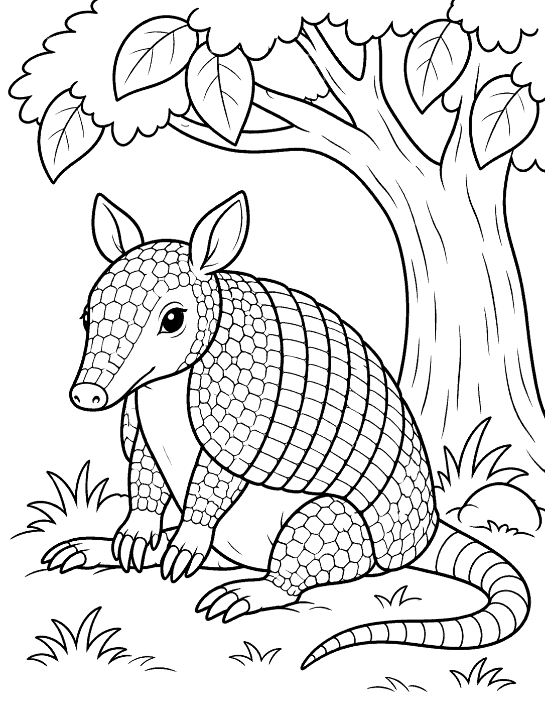 A large-eared armadillo with curved armor bands and a long tail rests beneath a leafy tree.