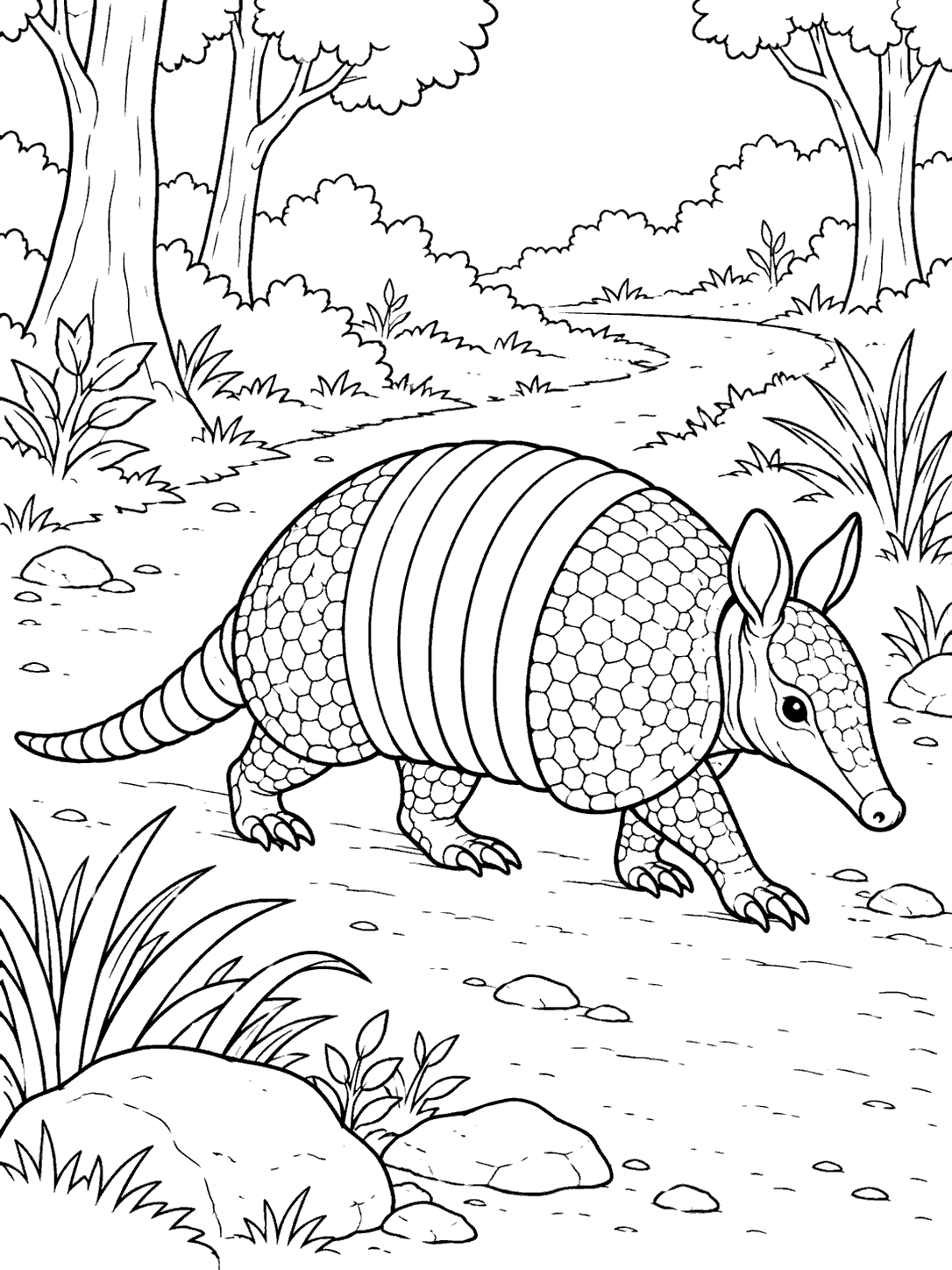 A full-view armadillo with a long banded tail crossing a curving trail among trees, plants, and stones.