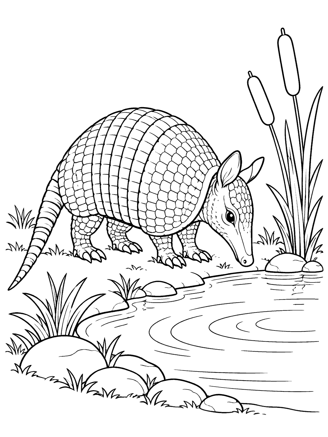 A long-tailed armadillo with segmented armor stands beside a rippling pond and tall reeds.