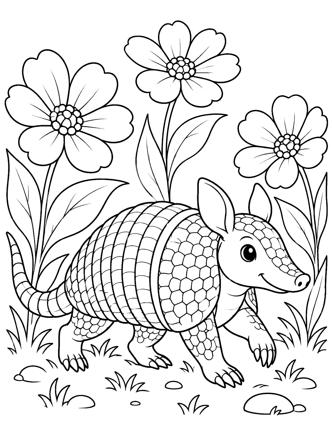 Smiling armadillo with segmented armor and a long tail among three large wildflowers and broad leaves.