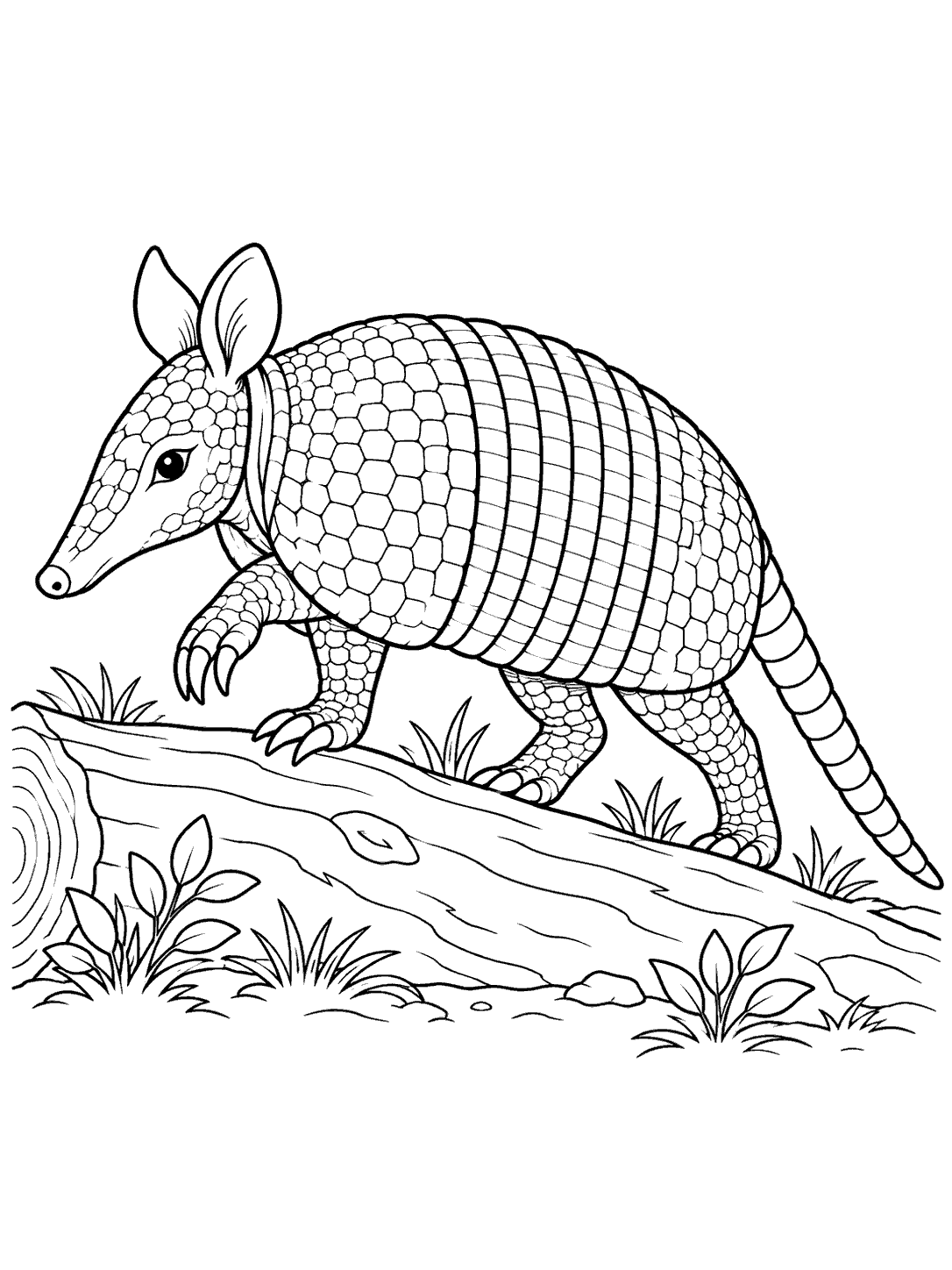 A side-view armadillo with a segmented back and long tail stepping over a fallen log.