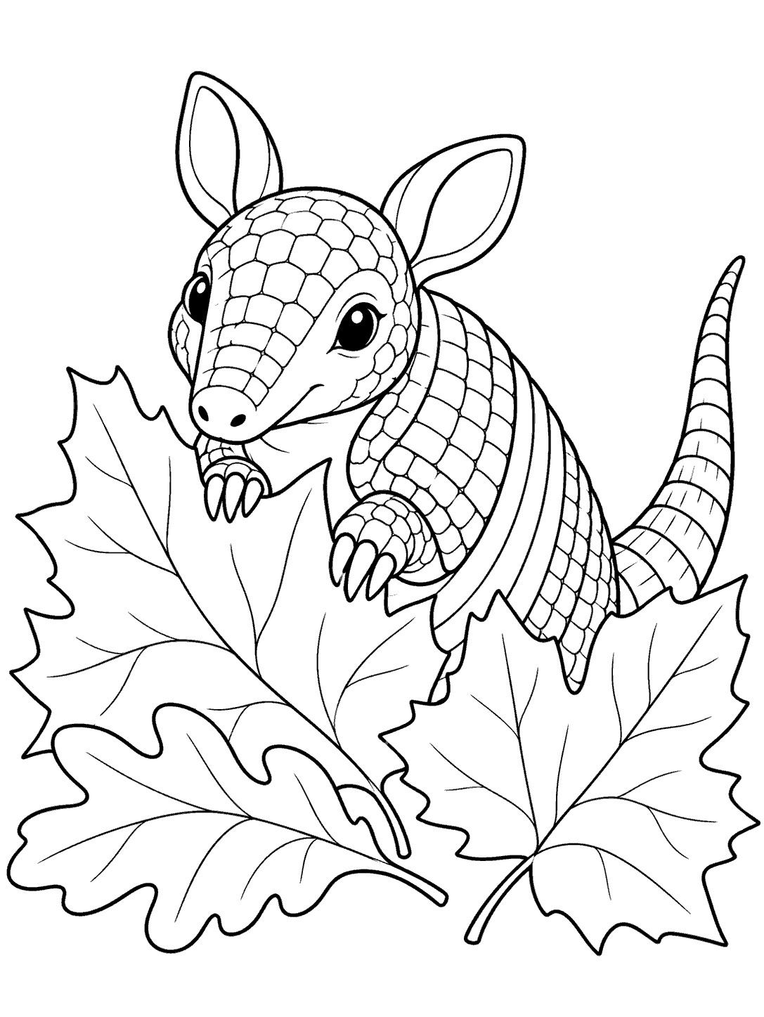 A wide-eyed armadillo with segmented armor and a long tail peeks out among several large leaves.
