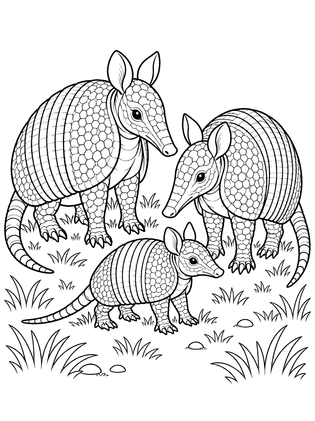 Three armadillos—two adults and a smaller juvenile—with banded armor, pointed snouts, and long tails on a grassy patch.