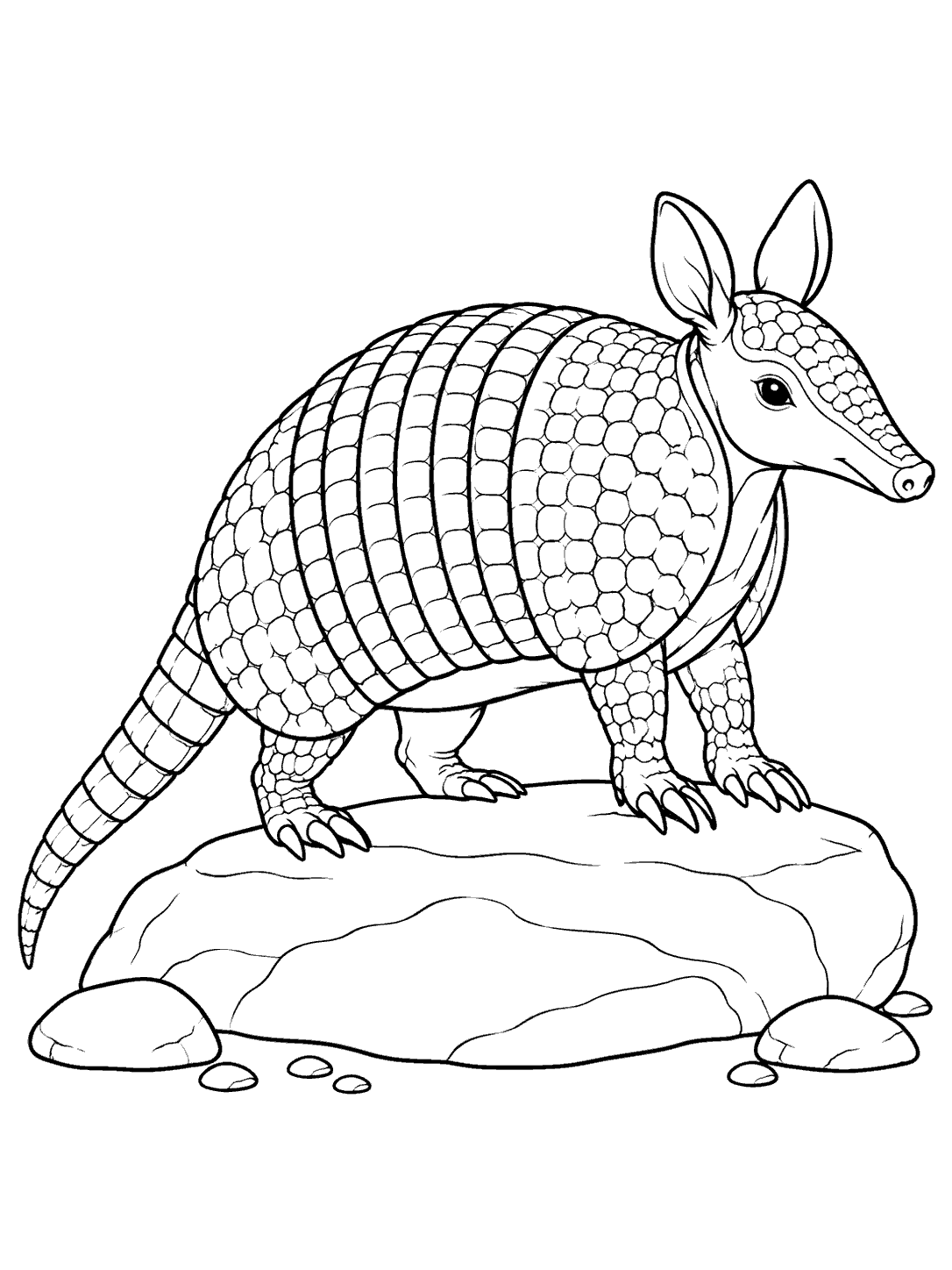 An armadillo with curved armor bands and a long tail stands on a broad rock beside several small pebbles.