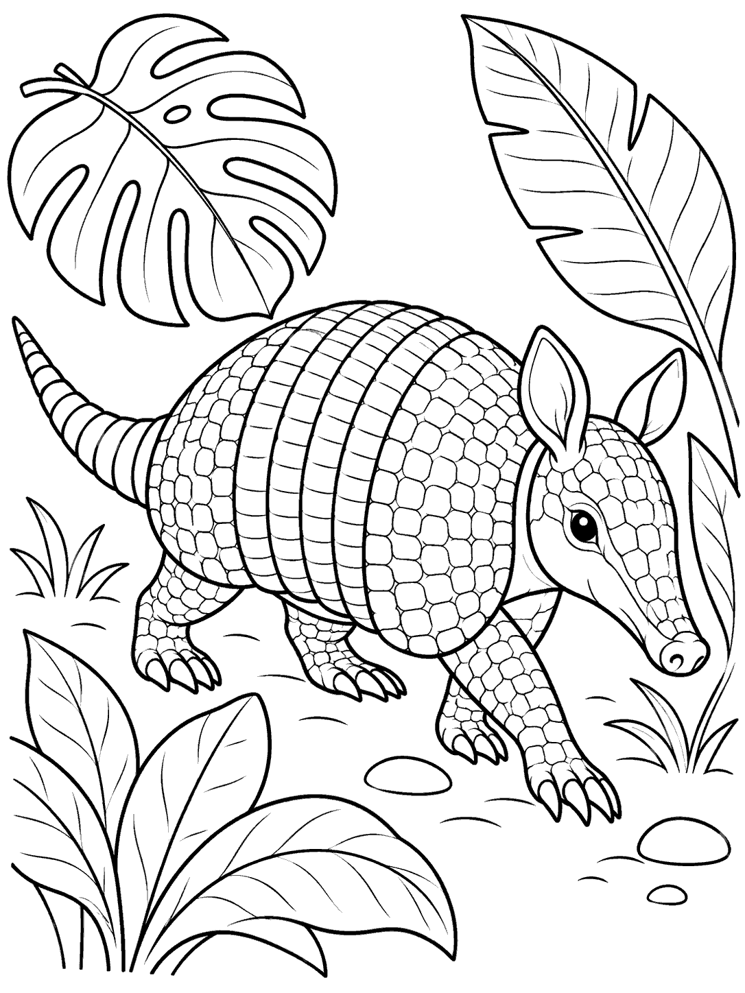 A banded armadillo with a long tail walking between large tropical leaves.
