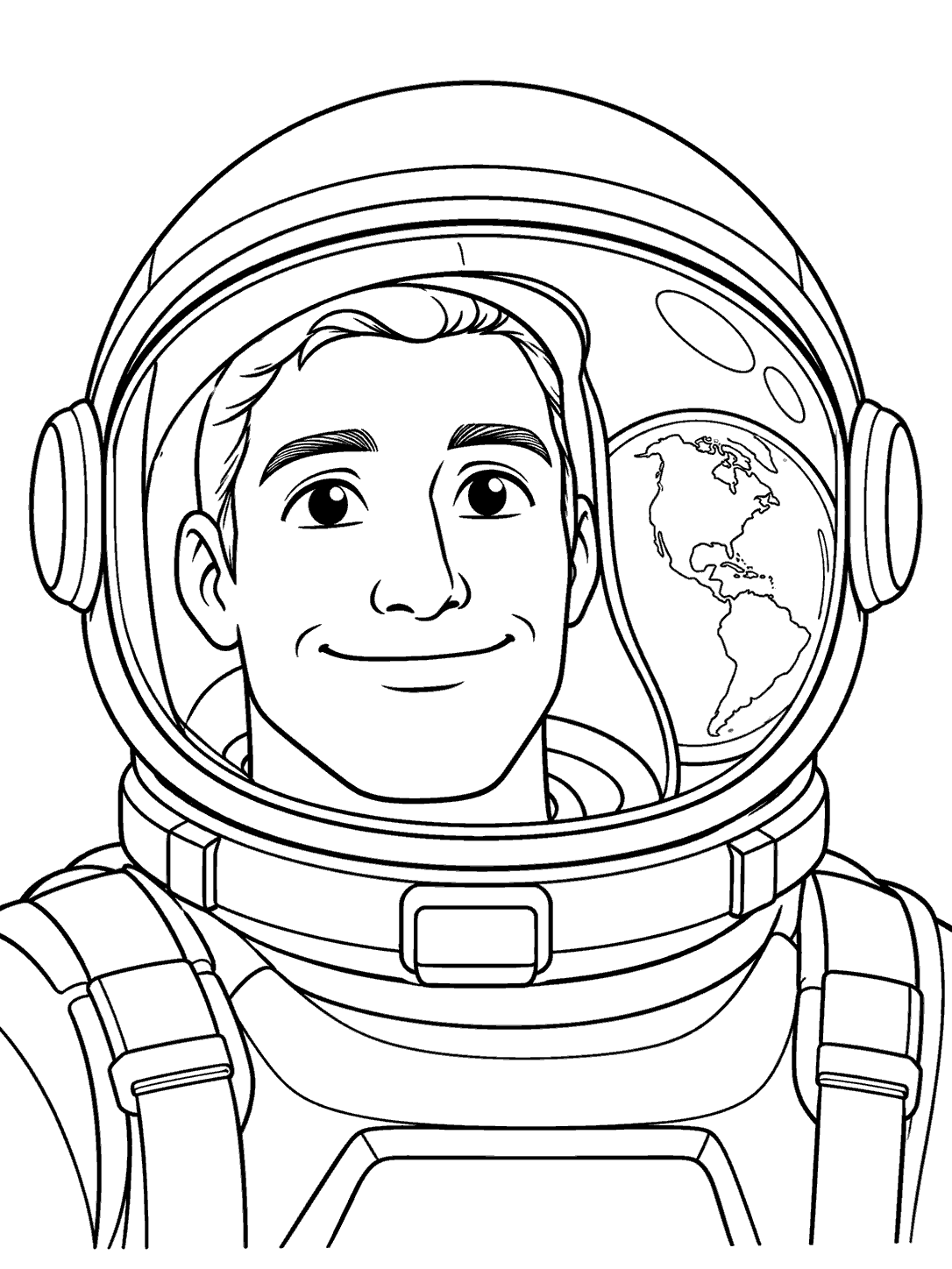 Black-outline coloring page of a smiling astronaut in a round helmet with Earth reflected in the visor.