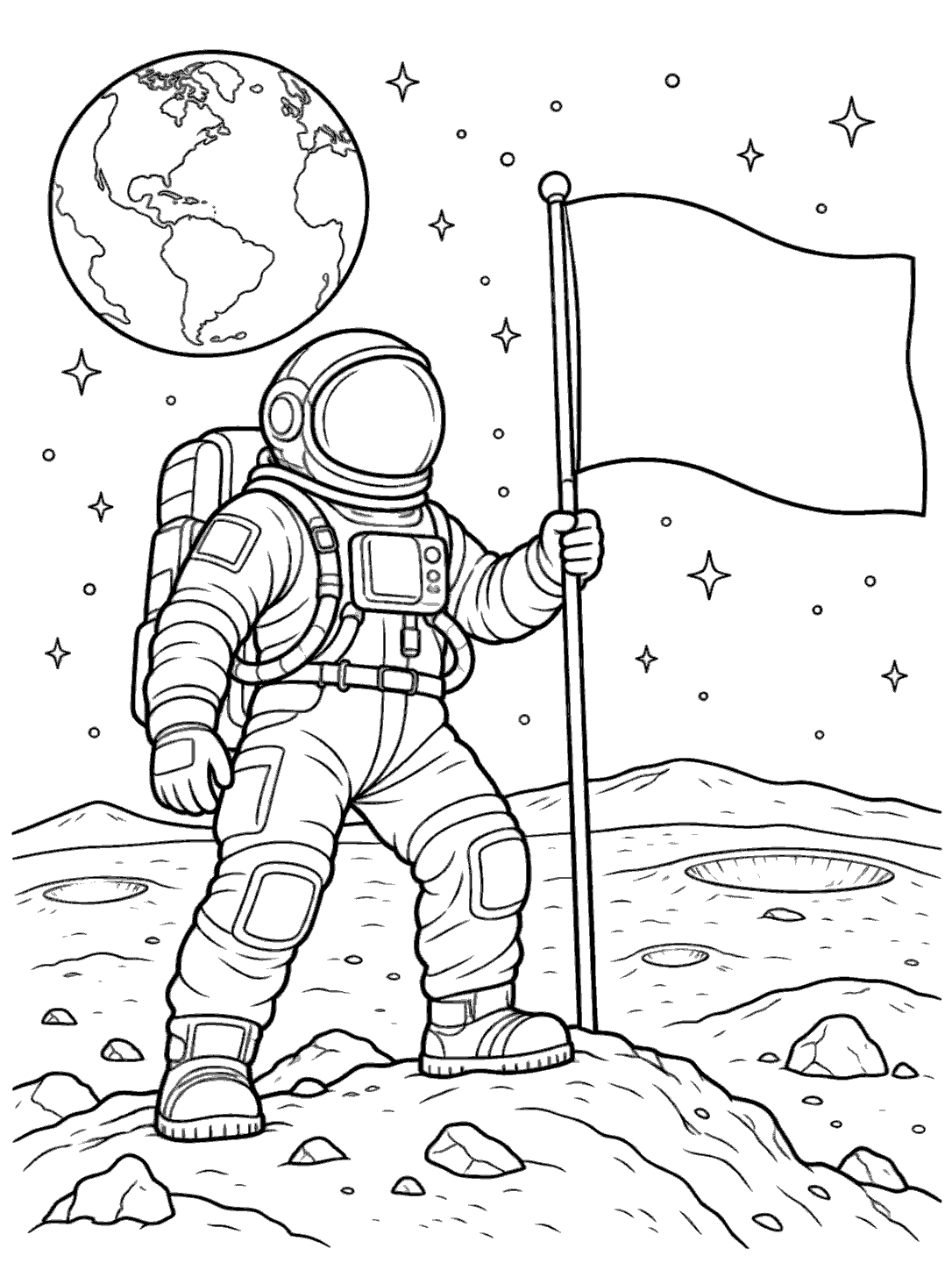 Astronaut planting a flag on the moon coloring page