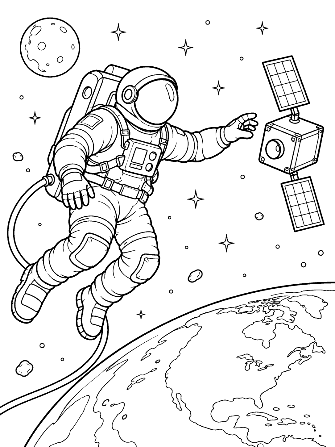 Black-outline coloring page showing a tethered astronaut reaching toward a small satellite with two solar panels, with Earth and stars below.