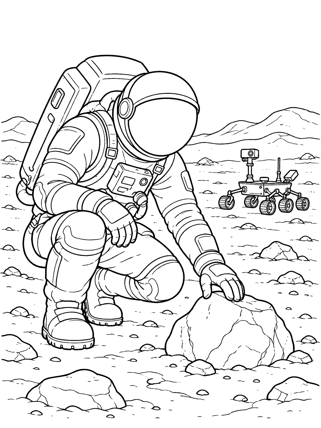 Black-and-white coloring page of a crouching astronaut examining a rock with a rover and hills in the background.